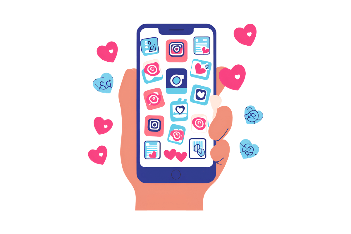 Close-up of a hand holding a smartphone displaying an Instagram Reel, with dollar signs and social media icons like hearts and shares floating in the background.