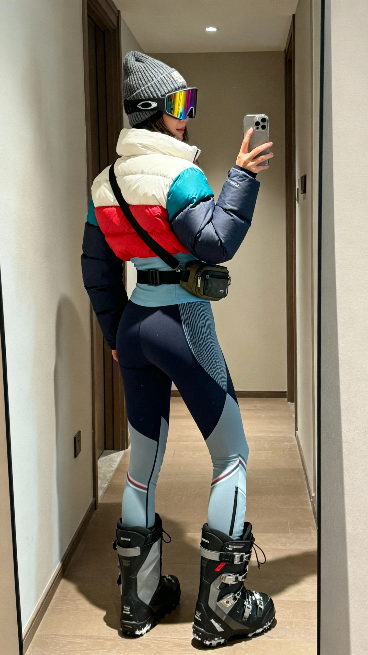 iPhone back-view selfie of a woman wearing sporty shield sunglasses with mirrored lenses, color-block puffer jacket, thermal top, ski-inspired leggings, chunky snow boots, ribbed beanie, crossbody belt bag, face not visible, hallway mirror after stepping in from the cold, indoor lighting, casual iPhone shot