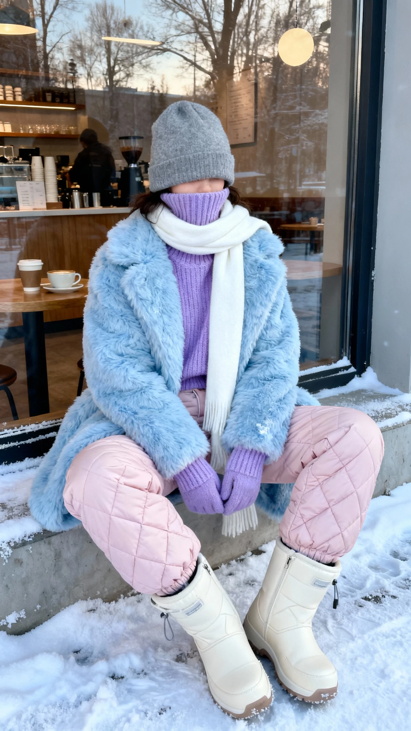 iPhone cafe table selfie angled down showing a woman in frosty pastels with plush layers: powder blue fuzzy coat, lilac knit turtleneck, pale pink quilted ski pants, soft gray beanie, white scarf, cream moon boots, face not visible, sitting by window in coffee shop, soft morning light, natural iPhone aesthetic.