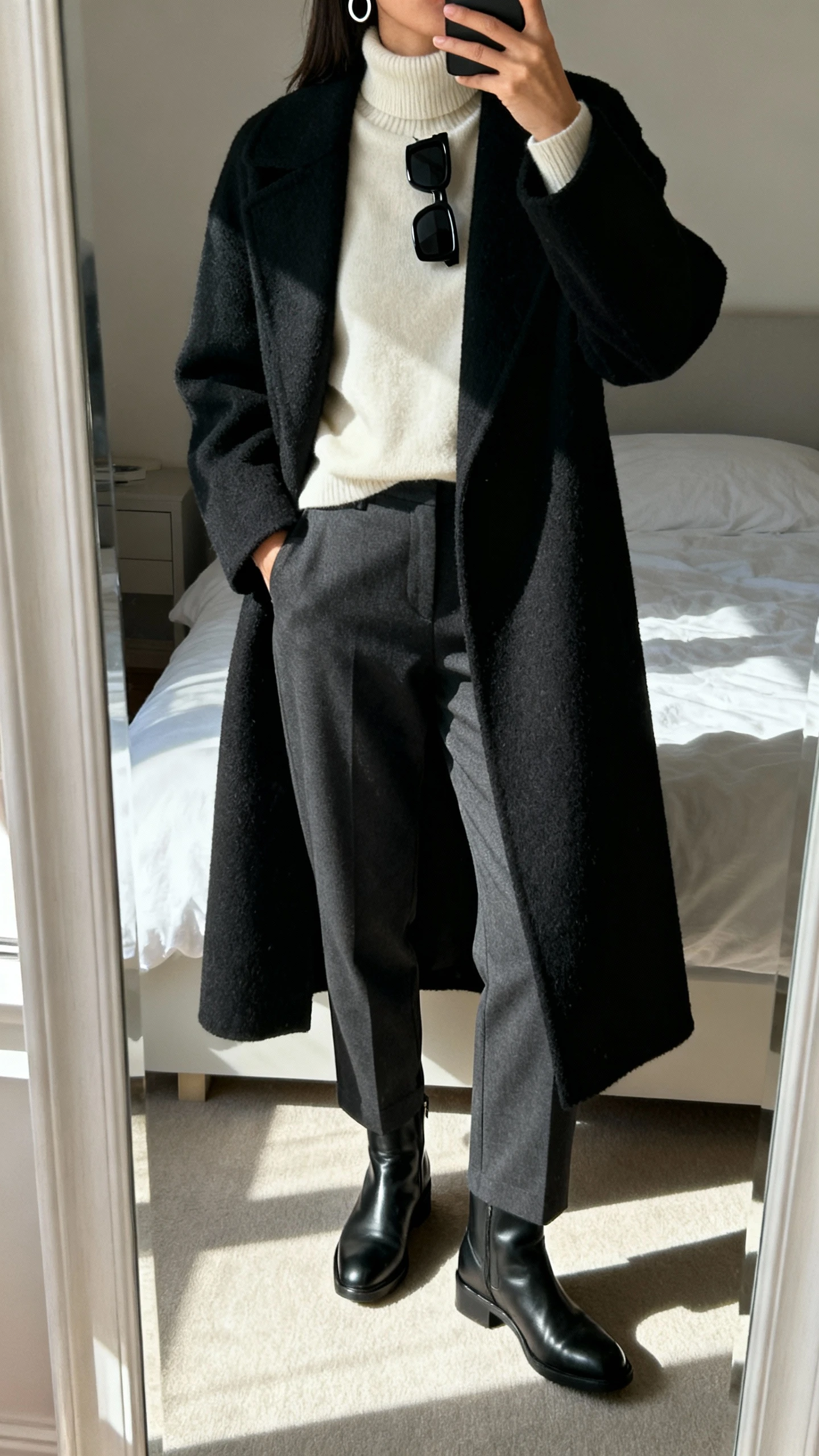 iPhone mirror selfie of a woman wearing sleek rectangular sunglasses in matte black, long black wool coat, cream turtleneck, tailored charcoal trousers, black leather ankle boots, minimal silver hoops, face not visible, cropped at neck, bedroom mirror with morning window light, natural iPhone photo quality