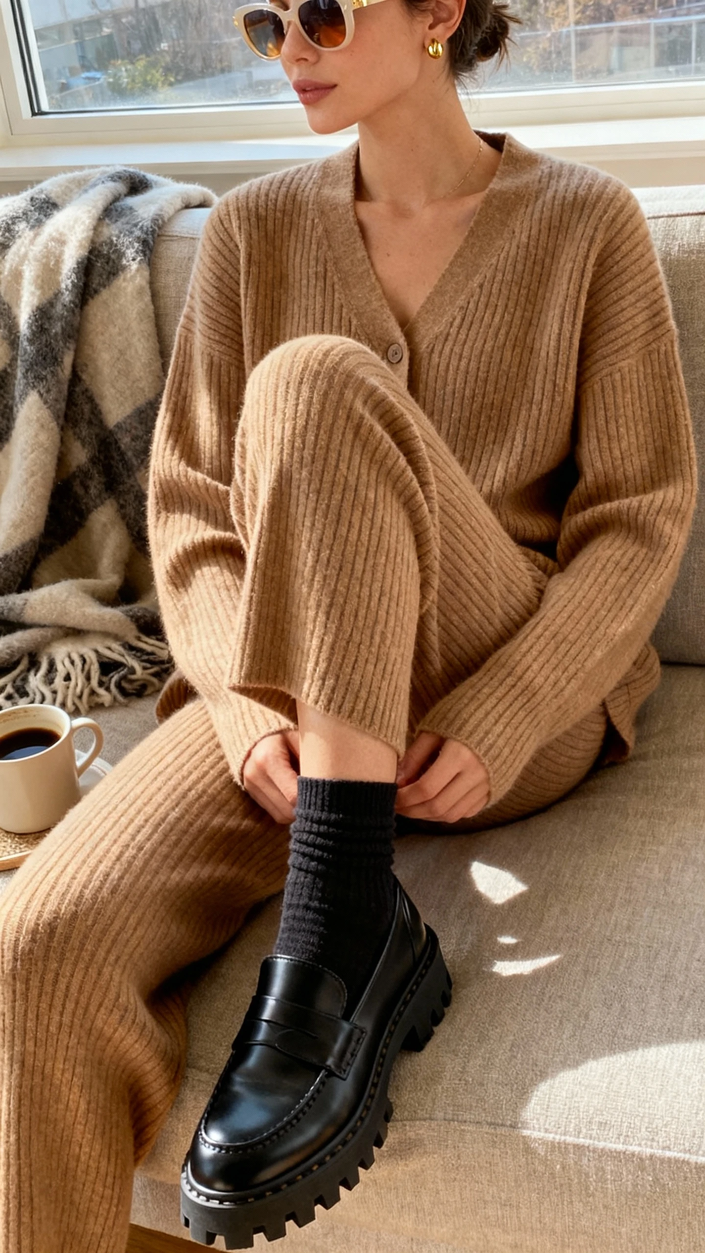 iPhone seated couch selfie of a woman wearing lightly color-tinted sunglasses, ribbed knit set (camel cardigan and matching knit pants), black lug-sole loafers with socks, delicate gold studs, face not visible, cropped at neck with cozy throw and coffee mug nearby, warm indoor window light, natural iPhone photo quality