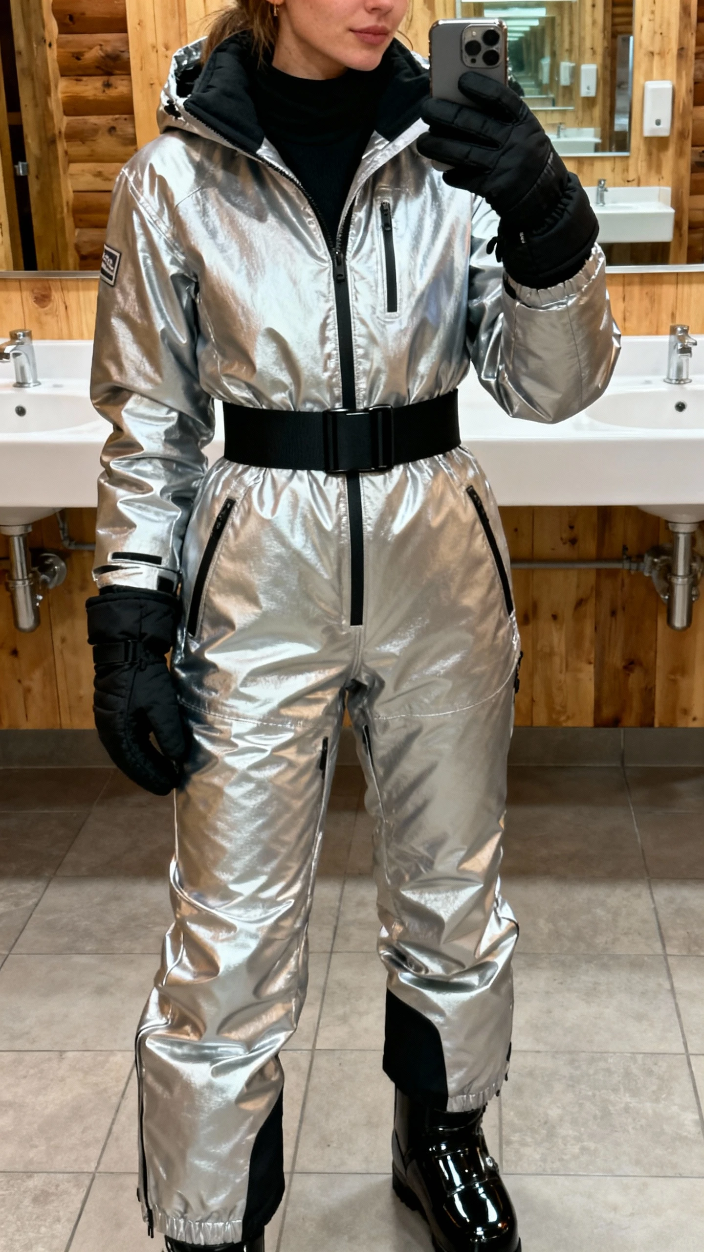 iPhone selfie from waist-up of a woman in a metallic one-piece + belted hourglass: silver metallic ski suit with a wide black waist belt, black base layer peeking at collar, black insulated gloves, glossy black boots partly visible, face not visible, ski lodge restroom mirror, natural indoor lighting, iPhone photo quality.