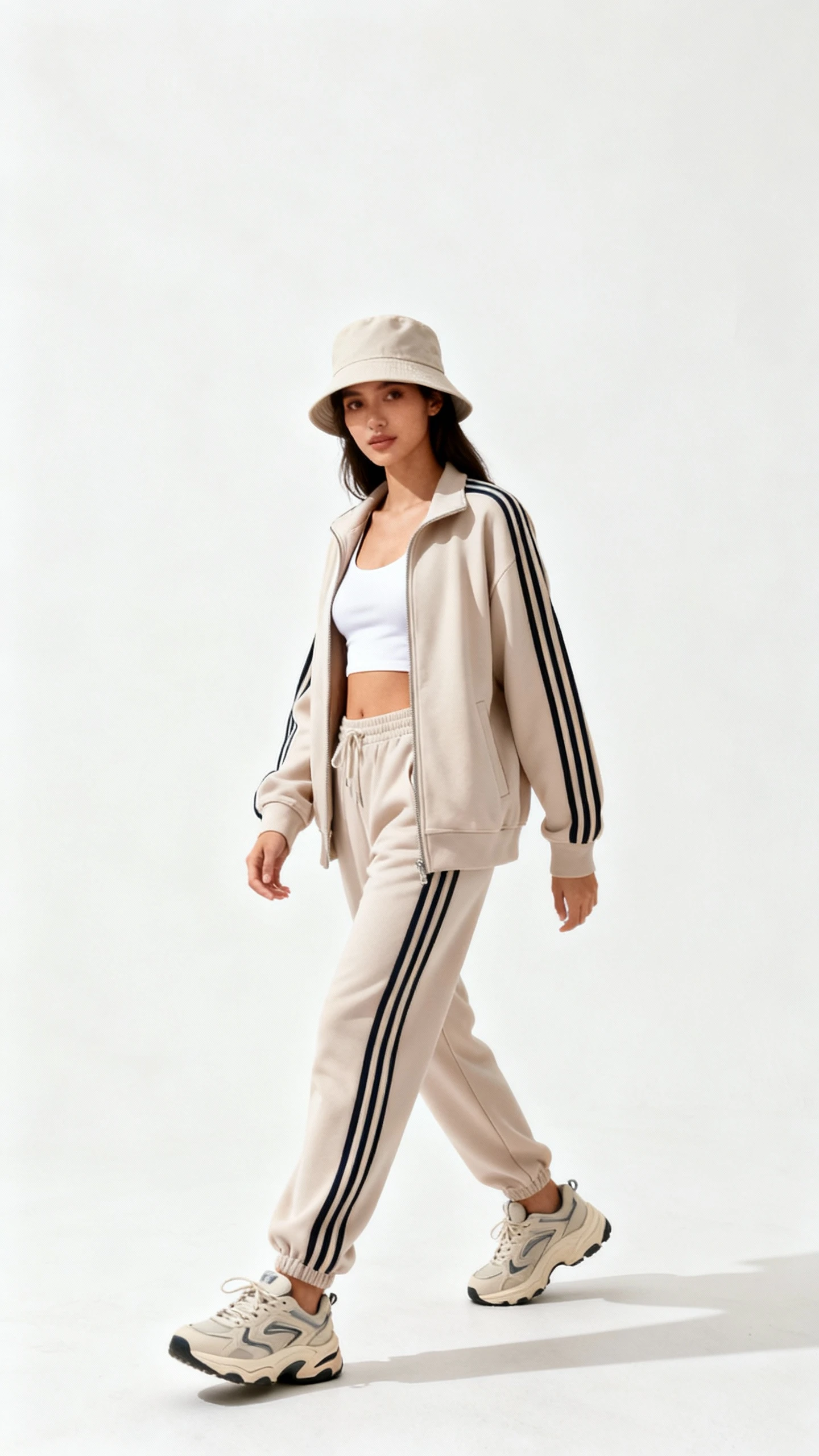 Editorial style photo of a woman in a track-set with streetwear edge: matching track jacket and track pants, cropped tank underneath, bucket hat and chunky dad sneakers; white background, soft studio lighting, casual step-forward pose, clean and polished.