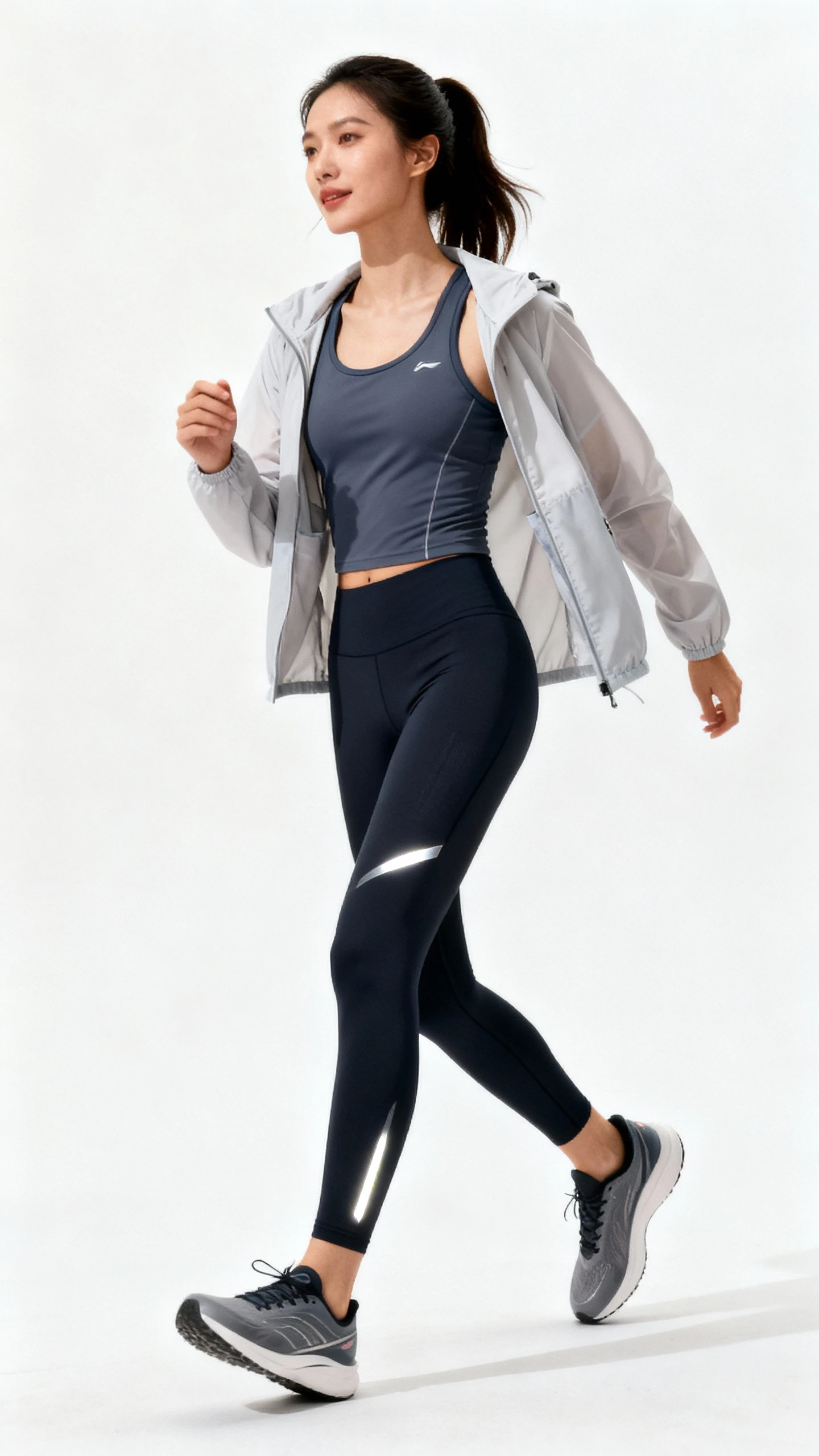Editorial style photo of a woman in run-ready layers: lightweight running jacket over a fitted performance tank, sleek running leggings, reflective details, and streamlined running shoes; white background, soft studio lighting, slight three-quarter angle, clean and polished composition.