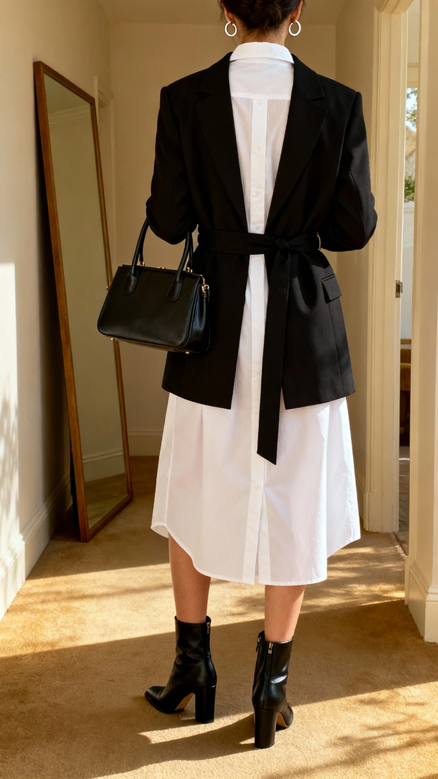 iPhone back view of a woman wearing a crisp white shirt dress under a black belted blazer, black heeled ankle boots, structured top-handle bag, slim hoop earrings, face not visible, hallway full-length mirror, indoor afternoon light, iPhone photo quality.