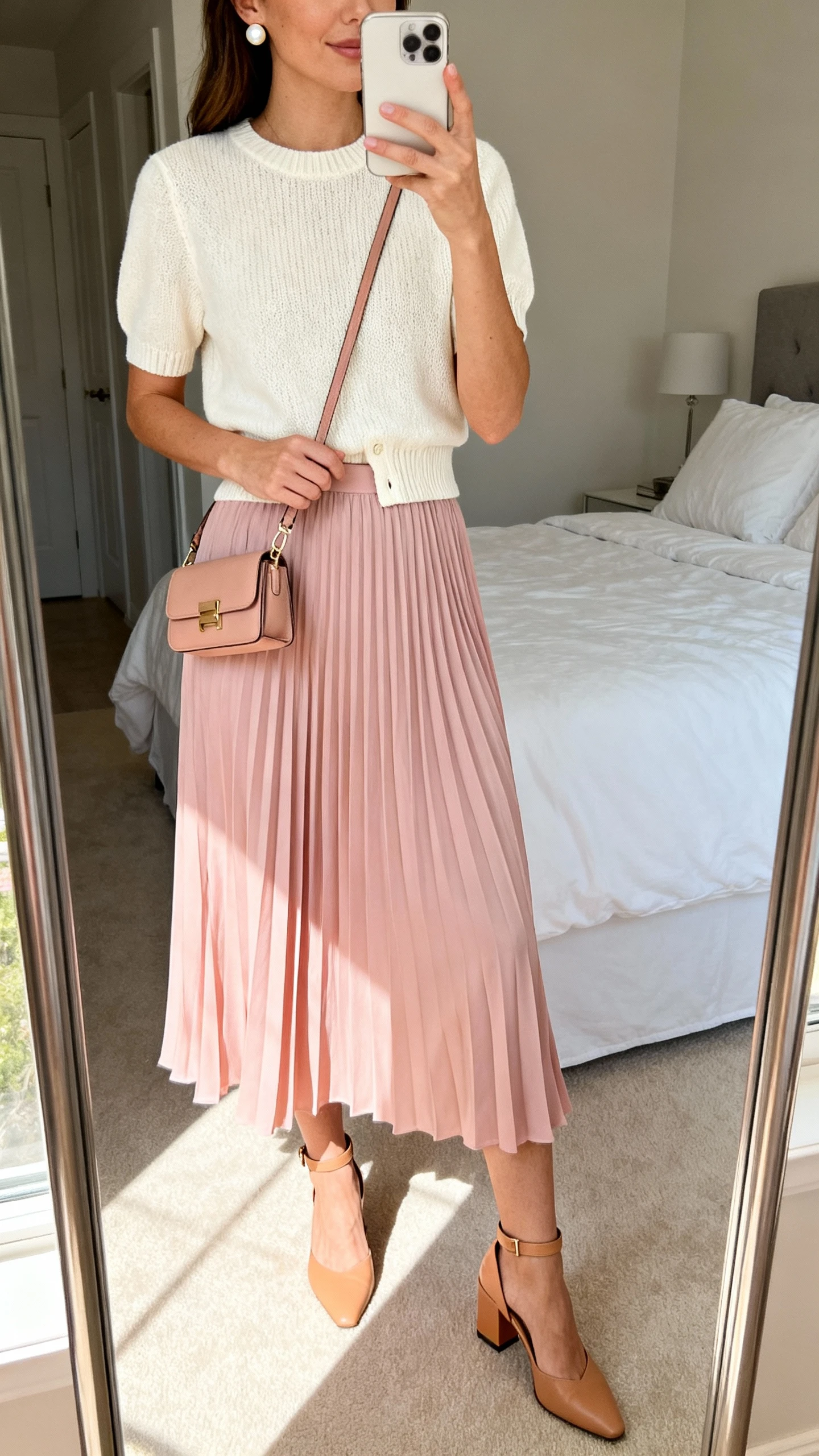 iPhone mirror selfie of a woman wearing a flowy pleated midi skirt in soft blush with a cream short-sleeve knit top tucked in, tan ankle-strap block heels, small crossbody bag, pearl stud earrings, face not visible, cropped at shoulders, bedroom mirror, natural daylight, iPhone photo quality.