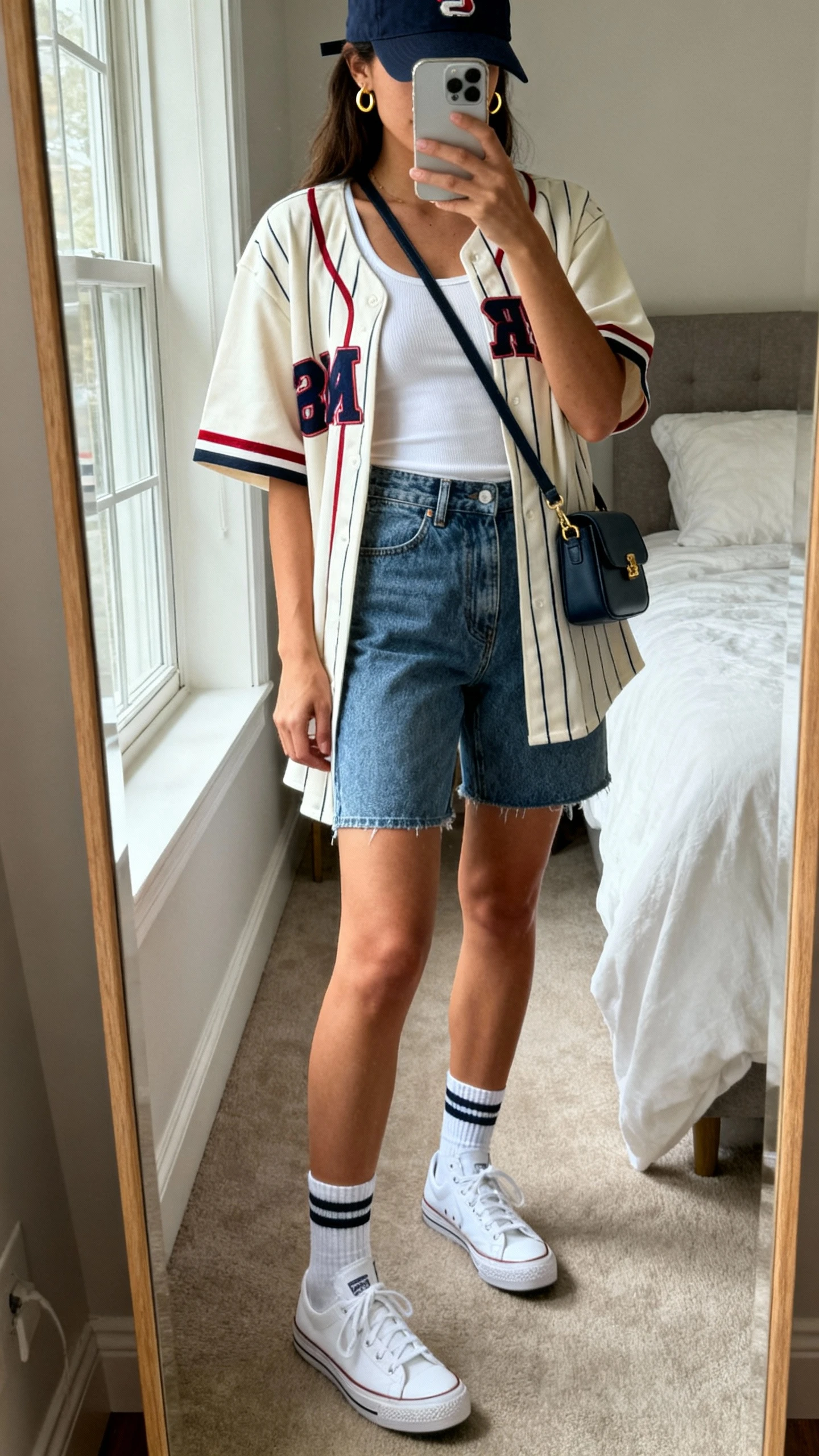 iPhone mirror selfie of a woman wearing a vintage baseball jersey over a fitted white tank, high-waisted denim shorts, classic white low-top sneakers, crew socks, a baseball cap, small gold hoops, and a crossbody mini bag, face not visible, cropped at neck, bedroom mirror with natural window light, iPhone photo quality.