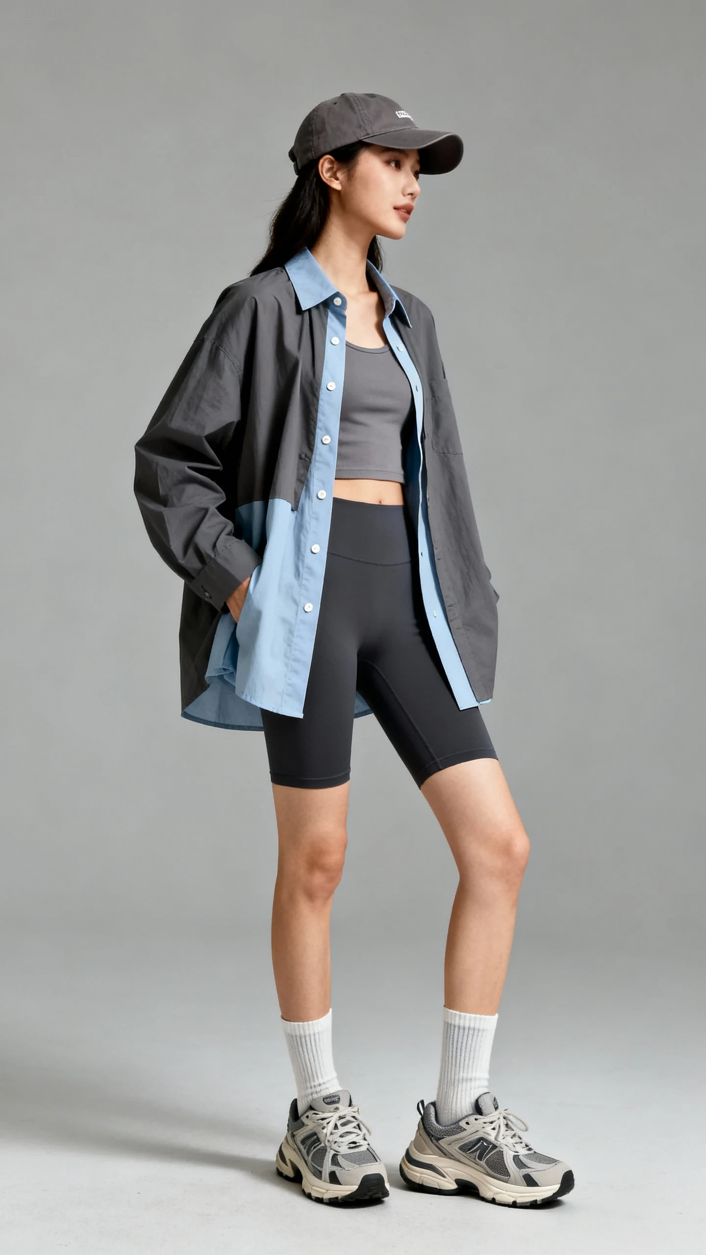 Studio fashion photo of a woman in bike shorts with a layered oversized button-up shirt over a fitted crop tank, crew socks and chunky sneakers, subtle baseball cap; neutral gray background, studio lighting, three-quarter angle, clean composition, magazine-quality.