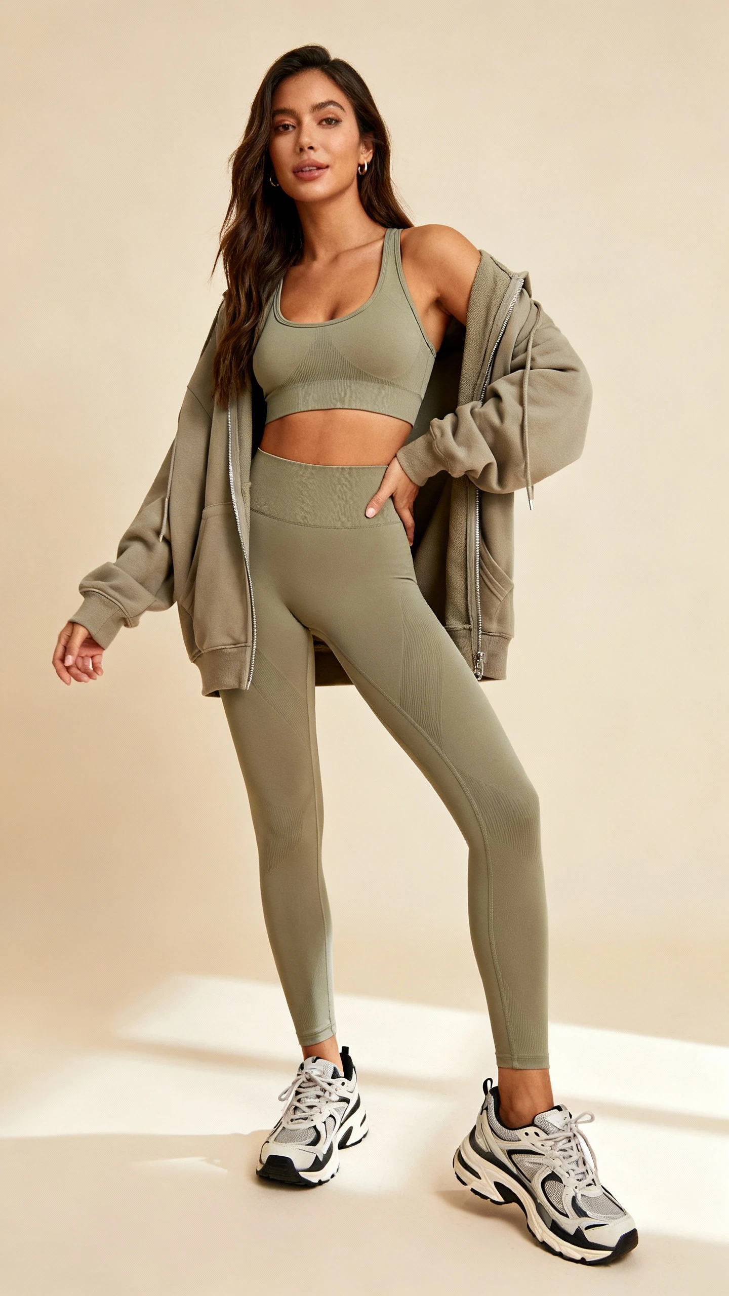 Studio fashion photo of a woman wearing a sculpted matching sports bra and high-rise leggings set with an oversized zip hoodie layered on top and chunky athletic sneakers; neutral beige background, studio lighting, professional natural pose, clean composition, magazine-quality.