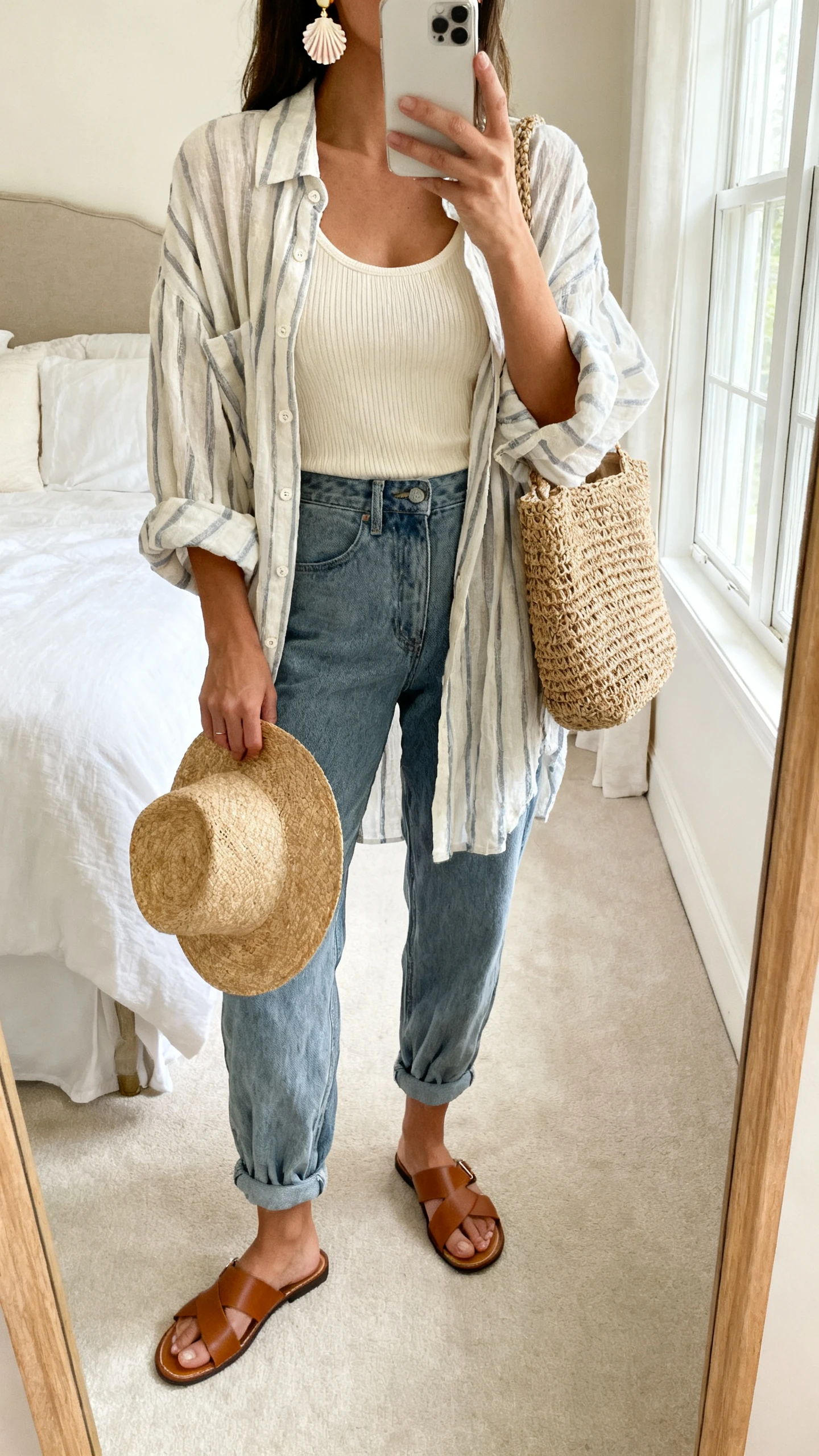 iPhone back-view mirror selfie of a woman in a soft cream ribbed tank, relaxed slouchy ankle jeans, an oversized striped linen button-up shirt layered open, leather slide sandals, a woven tote, shell-inspired earrings, and a straw hat tucked in hand; face not visible, bedroom mirror, soft window light, iPhone photo quality.