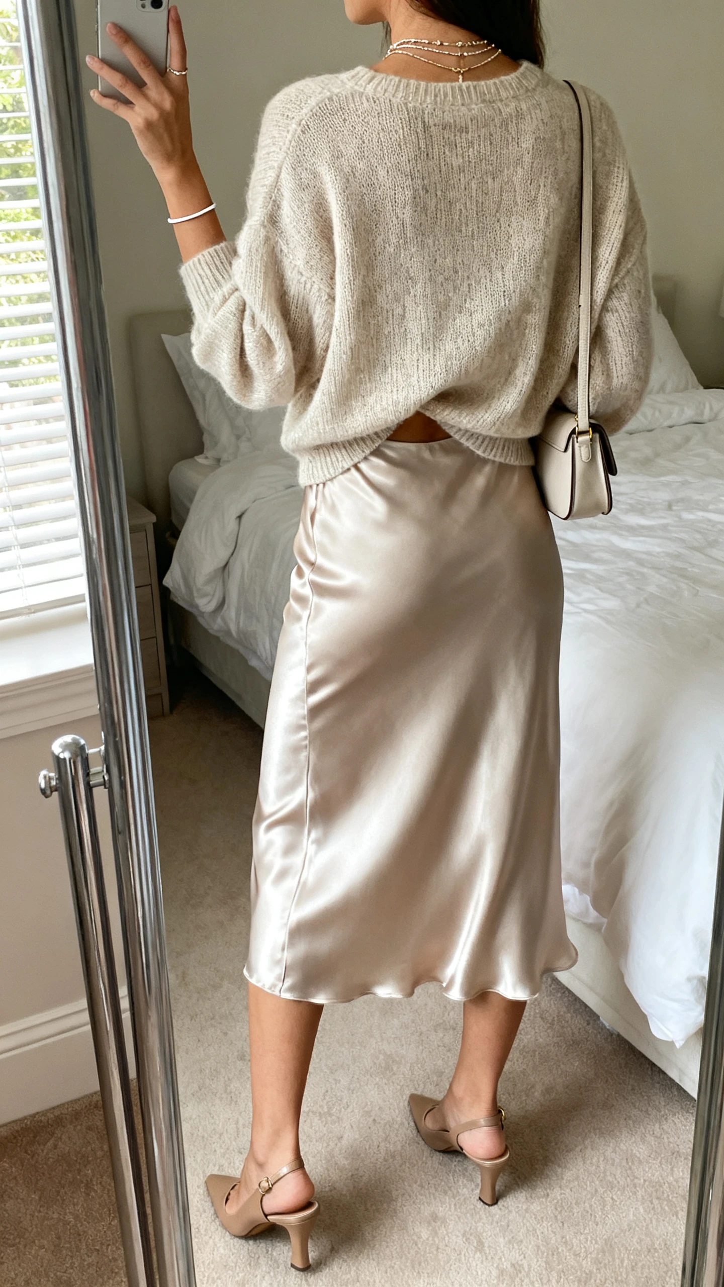 iPhone back-view mirror selfie of a woman wearing a satin slip skirt with a slightly oversized fine-knit sweater half-tucked, slingback heels, small shoulder bag, layered delicate necklaces and a thin bracelet, face not visible, bedroom mirror, soft afternoon indoor light, iPhone photo quality