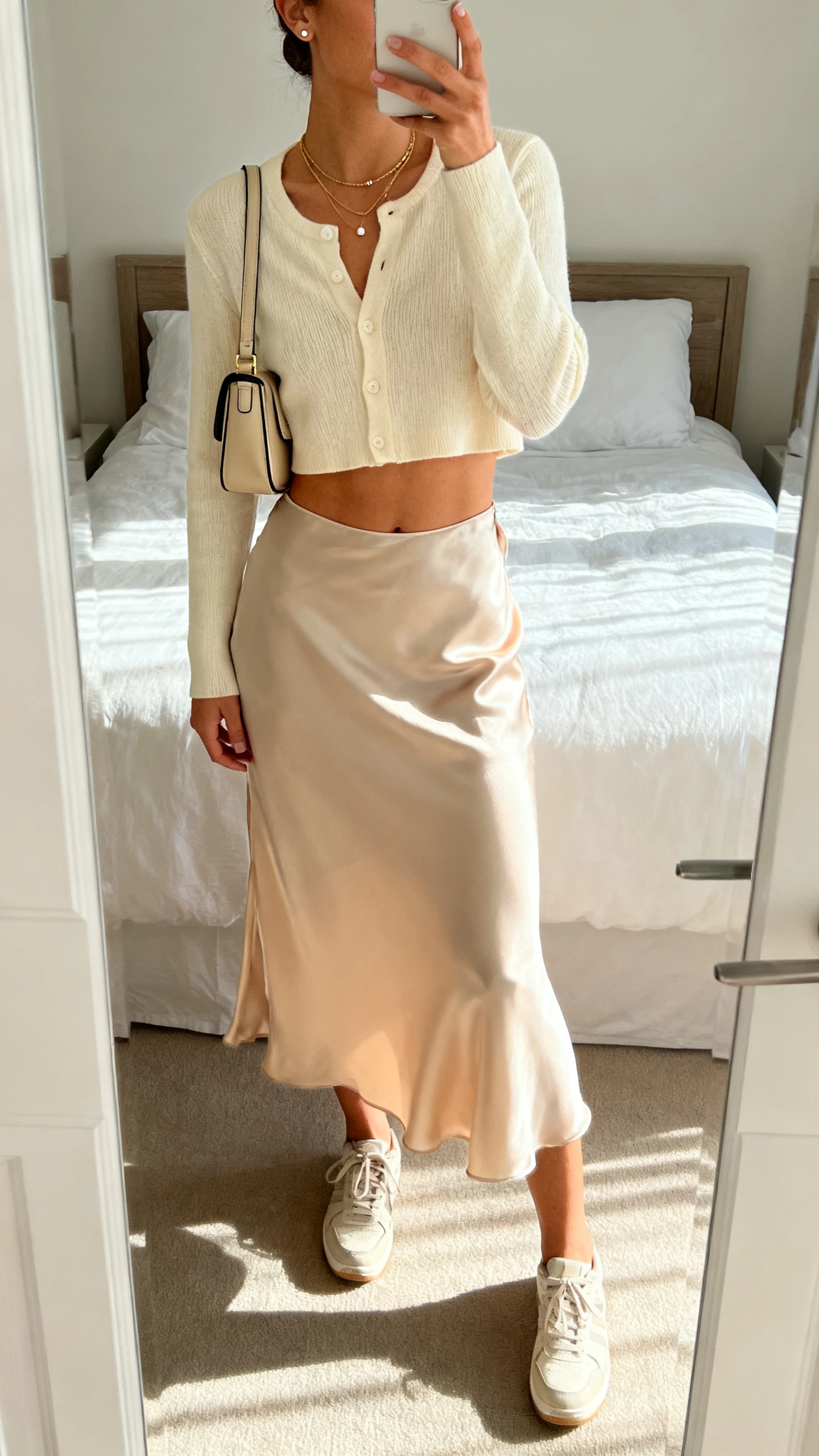 iPhone mirror selfie of a woman in a cropped cream cardigan with a satin midi slip skirt, minimal sneakers, layered necklaces, small stud earrings, and a structured mini shoulder bag, face not visible, bedroom mirror, soft afternoon light, iPhone photo quality.
