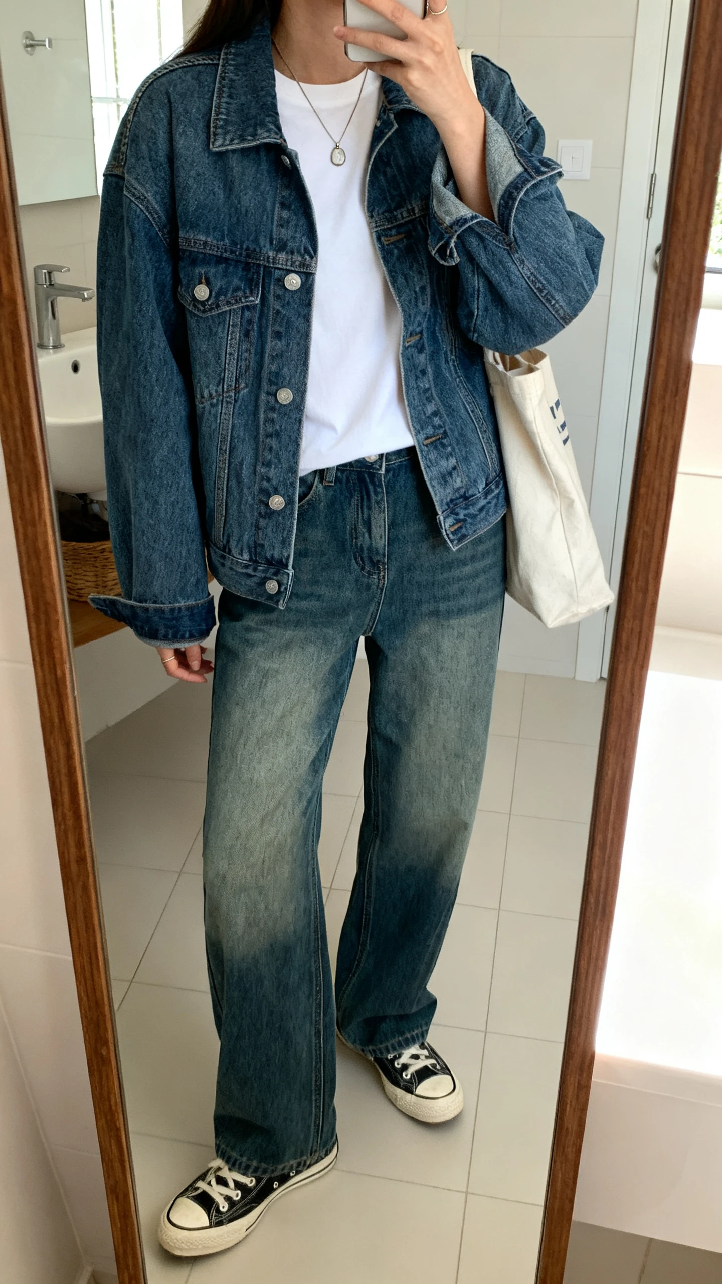 iPhone mirror selfie of a woman in an oversized denim jacket with straight baggy jeans in a contrasting wash, a plain white tee, canvas sneakers, a tote bag, and a simple pendant necklace, face not visible, cropped at neck, bathroom mirror, bright indoor light, iPhone photo quality.