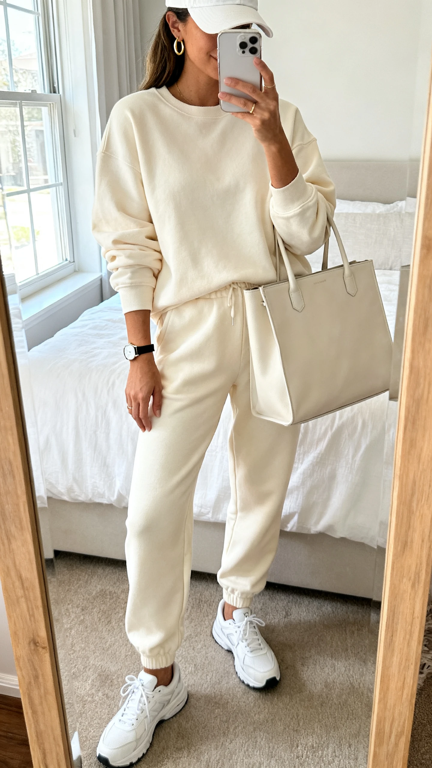 iPhone mirror selfie of a woman wearing a matching cream sweatshirt and joggers with clean white sneakers, minimal gold hoops, a slim watch, a structured tote bag, and a baseball cap, face not visible, cropped at neck, bedroom mirror, natural window light, iPhone photo quality.