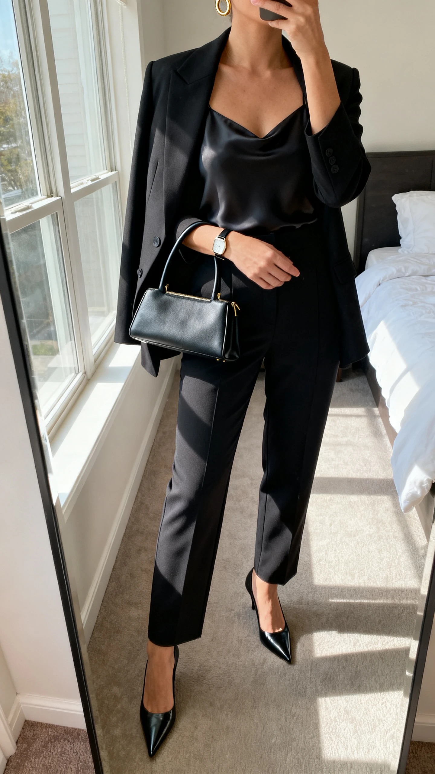 iPhone mirror selfie of a woman wearing a monochrome power suit set: tailored blazer and matching high-waisted trousers with a fitted silk camisole, pointed-toe heels, structured top-handle bag, minimal gold hoop earrings and a slim watch, face not visible, cropped at neck, bedroom mirror, morning window light, iPhone photo quality
