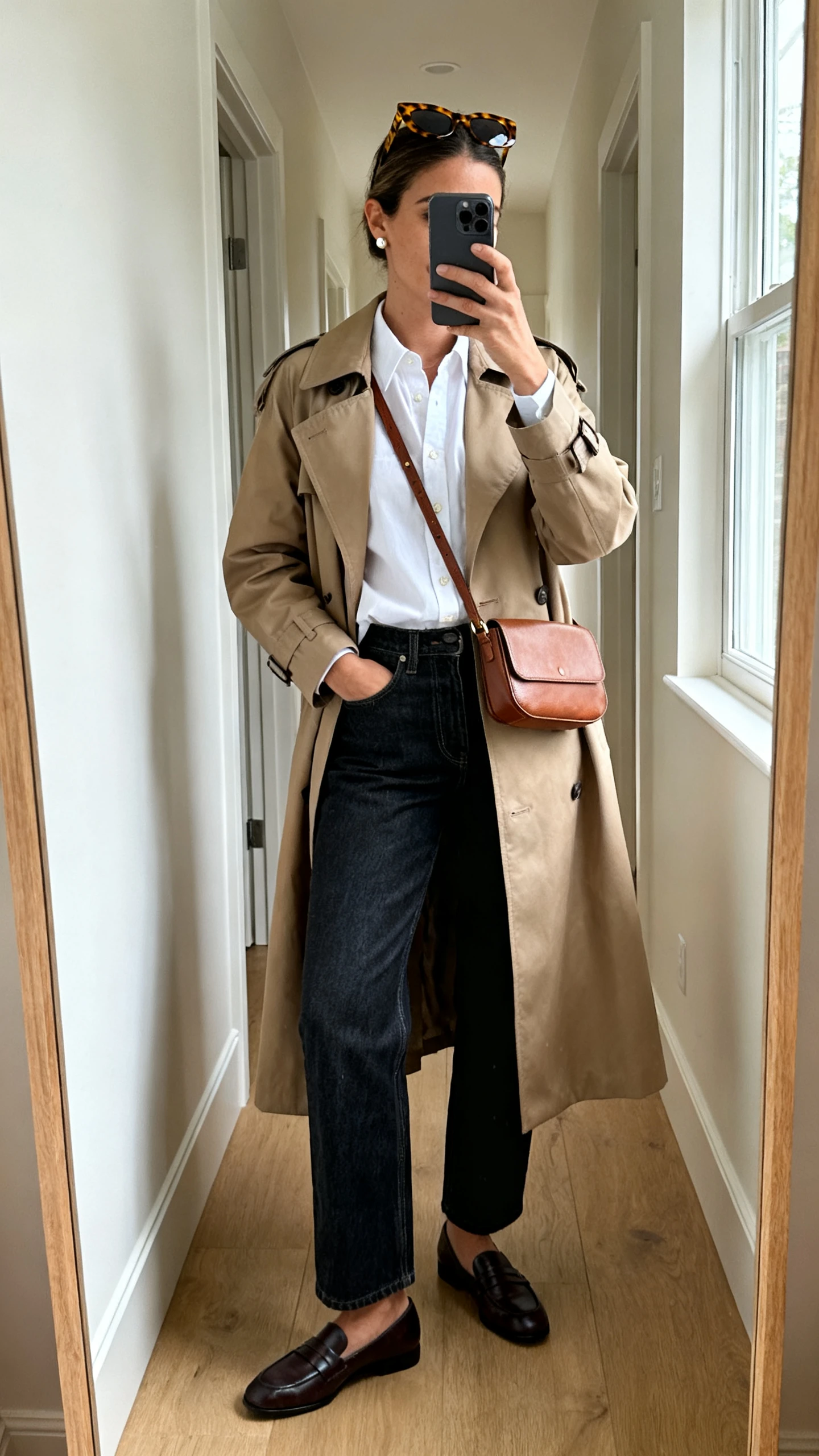 iPhone mirror selfie of a woman wearing straight-leg dark-wash denim, a classic trench coat over a crisp white button-down, loafers, leather crossbody, tortoiseshell sunglasses, simple studs, face not visible, cropped at shoulders, hallway mirror, natural daylight from window, iPhone photo quality