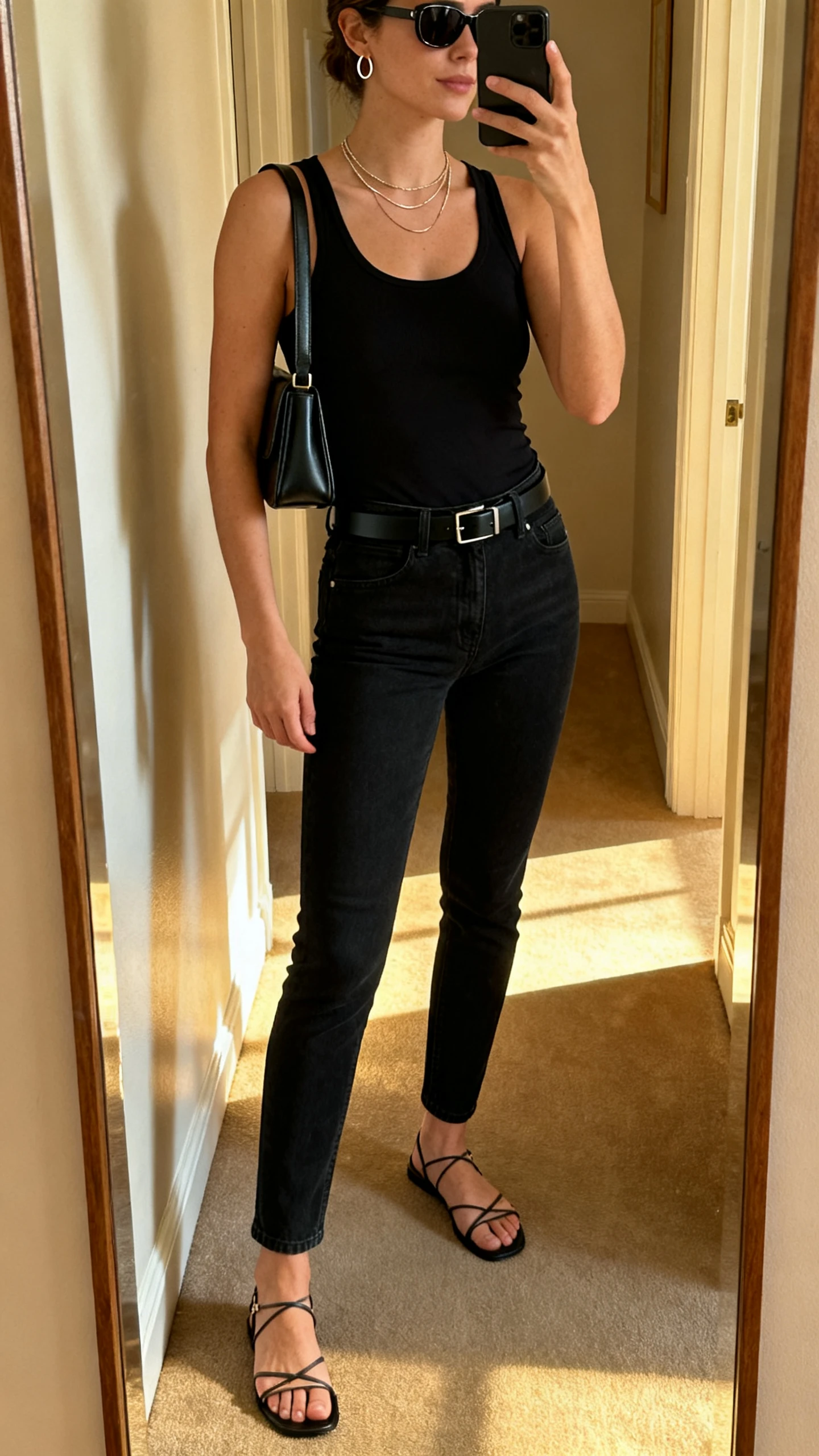Side-angle iPhone mirror selfie of a woman wearing a fitted black tank with matching black high-rise slim jeans, strappy minimalist sandals, a slim black belt, a structured shoulder bag, delicate layered necklaces, thin hoops, and sleek sunglasses; face not visible, cropped at shoulders, full-length mirror in hallway, morning light, iPhone photo quality.